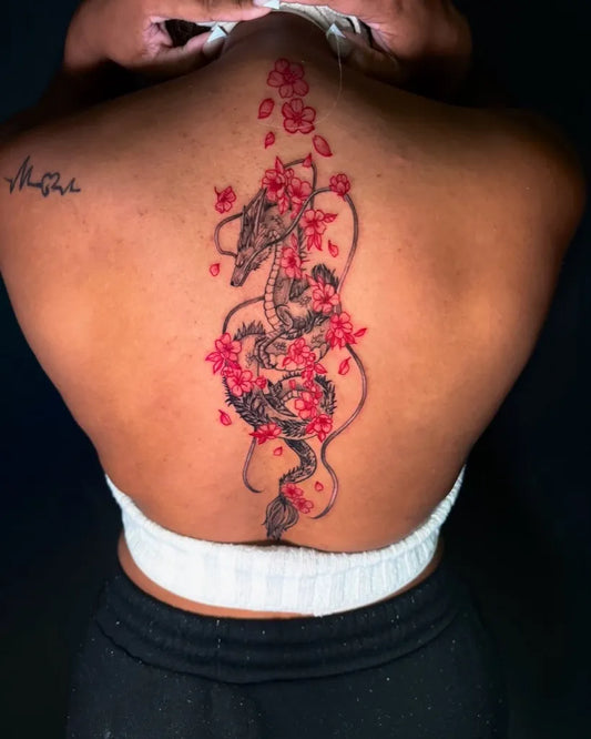 Big Japanese Dragon Cherry Blossom on Women Back Tattoo by @dre_davisionary