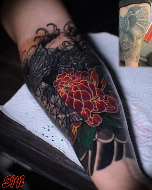Big Japanese Dragon Flower on Men Arm Tattoo by @sin_tat2