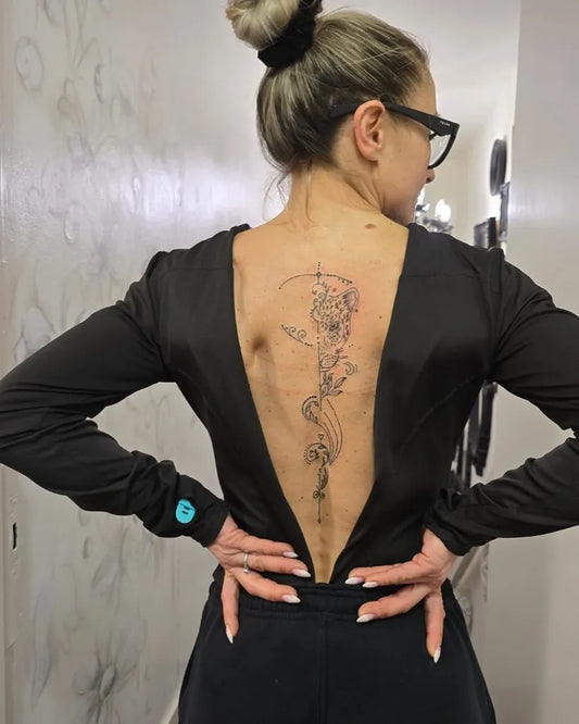 Big Japanese Dragon Flower on Women Spine Tattoo by @ana.inga.salon