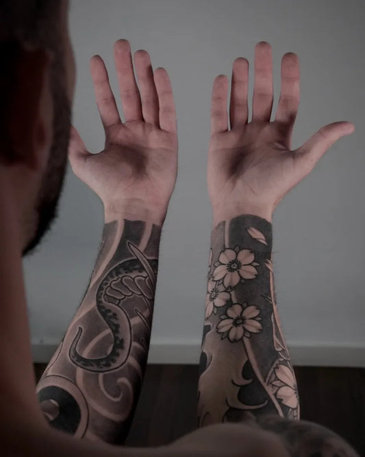 Big Japanese Dragon Flowers on Men Arms Tattoo by @miko_inky