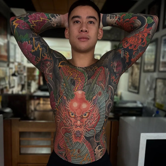 Big Japanese Dragon Flowers on Men Torso Tattoo by @joel_ang_tattoo