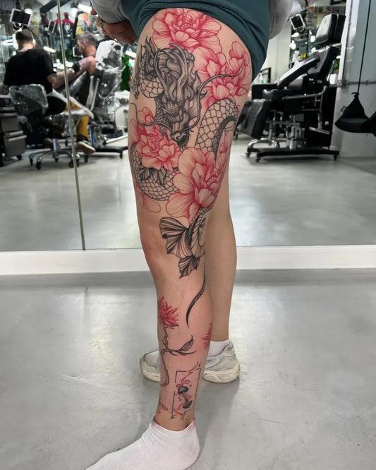 Big Japanese Dragon Flowers on Women Thigh Tattoo by @frankie_tattooist