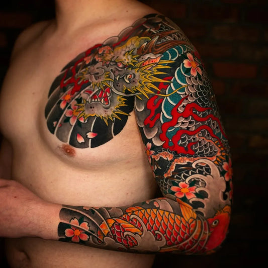 Big Japanese Dragon Koi Cherry Blossom on Men Arm Tattoo by @magqtattoo