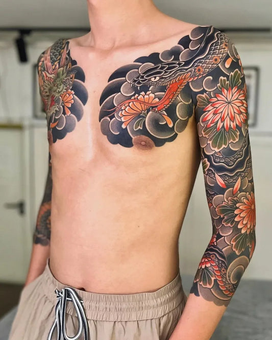 Big Japanese Dragon Koi Chrysanthemum on Men Torso Tattoo by @xiaodan9702