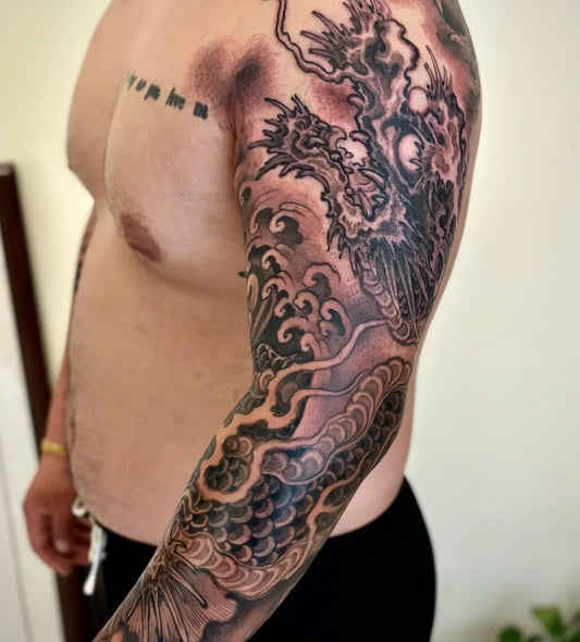 Big Japanese Dragon Koi Waves on Men Arm Tattoo by @wuxiangtattoo_