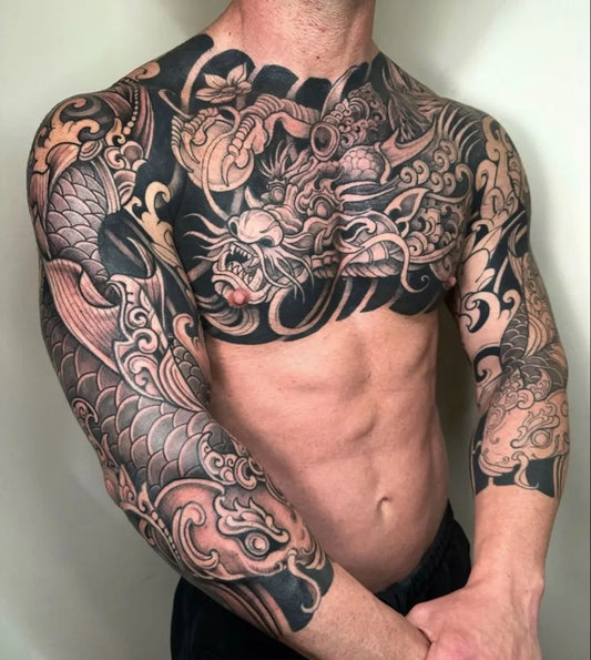 Big Japanese Dragon Koi on Men Sleeve Tattoo by @irezumidisciples