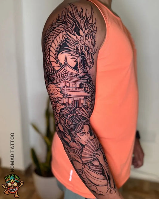 Big Japanese Dragon Temple Woman on Men Arm Sleeve Tattoo by @nomadtattooindia