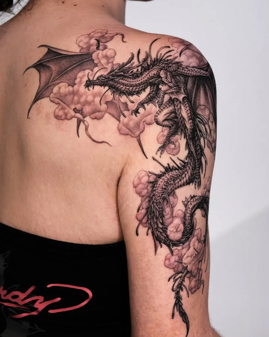 Big Japanese Dragon and Cherry Blossoms on Women Shoulder Tattoo by @tattooer_intat