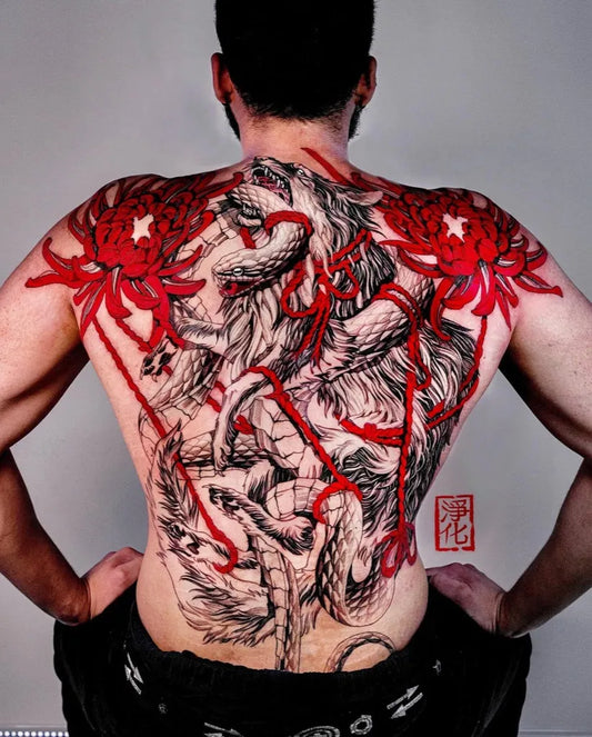 Big Japanese Dragon and Chrysanthemums on Men Back Tattoo by @hammersmith_tattoo_london