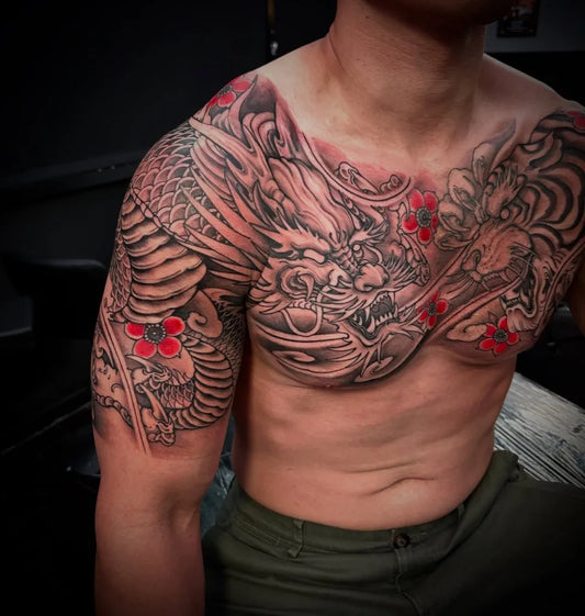 Big Japanese Dragon and Flowers on Men Chest Tattoo by @1kc_tango