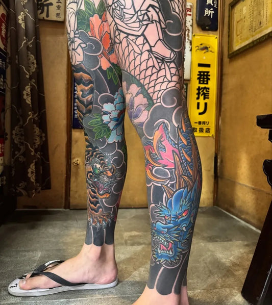 Big Japanese Dragon and Flowers on Men Legs Tattoo by @jianxu_tattoo