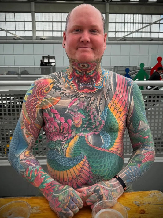 Big Japanese Dragon and Flowers on Men Torso Tattoo by @lasserisvik