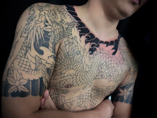 Big Japanese Dragon and Flowers on Men Upper Body Tattoo by @hyeon__tattoo