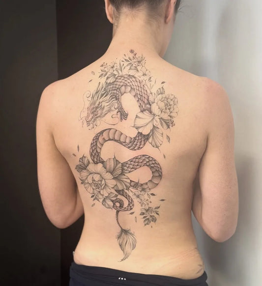 Big Japanese Dragon and Flowers on Women Back Tattoo by @elizabethftattoos