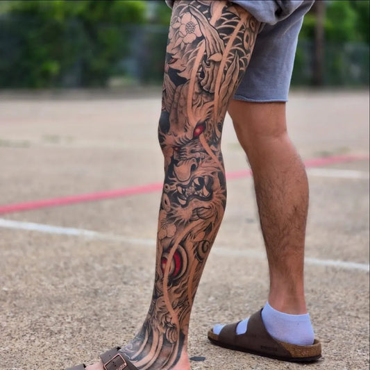 Big Japanese Dragon and Fox on Men Leg Sleeve Tattoo by @infamous.q.tran