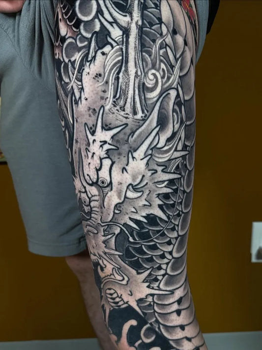 Big Japanese Dragon and Koi on Men Leg Tattoo by @razorshapes