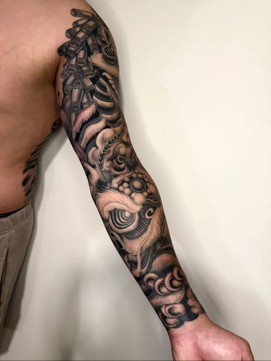 Big Japanese Dragon and Lotus on Men Arm Tattoo by @vukbones