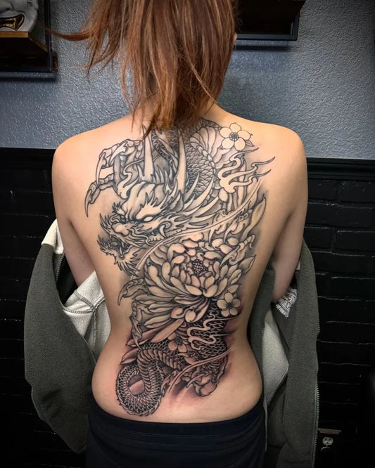 Big Japanese Dragon and Lotus on Women Back Tattoo by @1kc_tango
