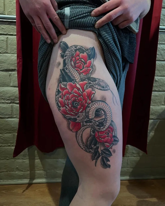 Big Japanese Dragon and Peonies on Women Thigh Tattoo by @12thplanettattoocompany