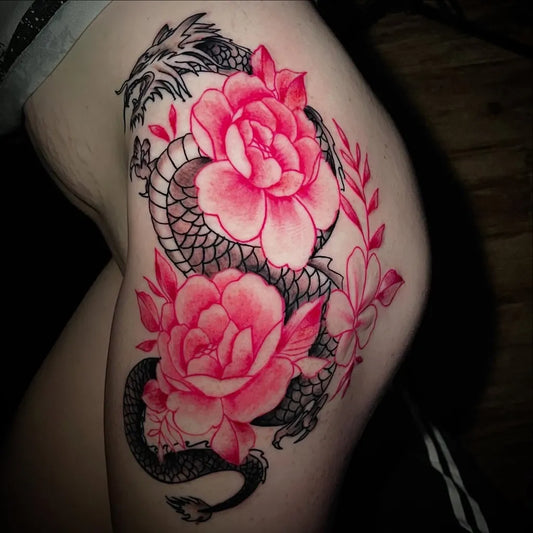 Big Japanese Dragon and Roses on Women Thigh Tattoo by @kingblack_ink