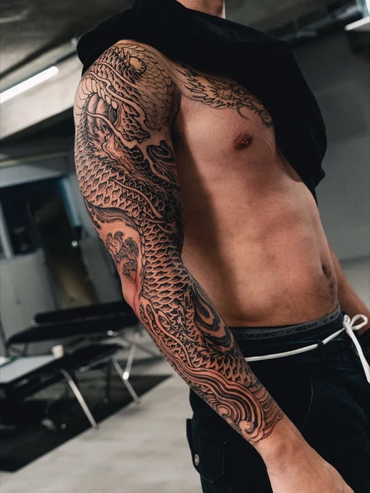 Big Japanese Dragon on Men Arm Sleeve Tattoo by @khalblk