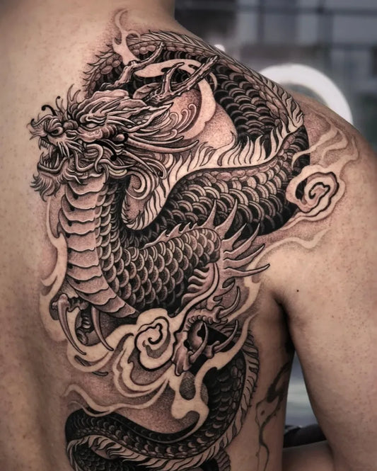 Big Japanese Dragon on Men Back Tattoo by @mandala.seam