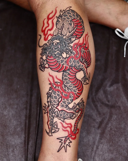 Big Japanese Dragon on Men Leg Tattoo by @hika_3t