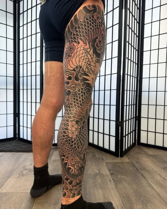 Big Japanese Dragon on Men Leg Tattoo by @maki_tattoos
