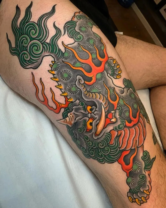 Big Japanese Dragon on Men Thigh Tattoo by @traditionaltattoo_
