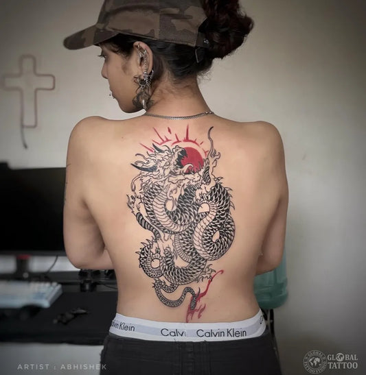 Big Japanese Dragon on Women Back Tattoo by @globaltattooindia