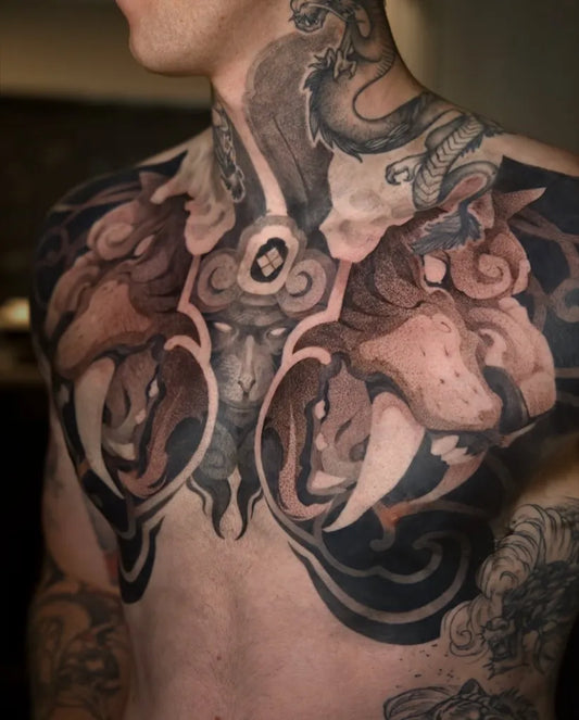 Big Japanese Dragons and Tigers on Men Chest Tattoo by @bryanly.ttt