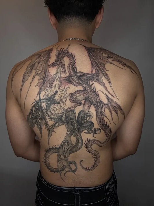 Big Japanese Dragons on Men Back Tattoo by @kindagloomy
