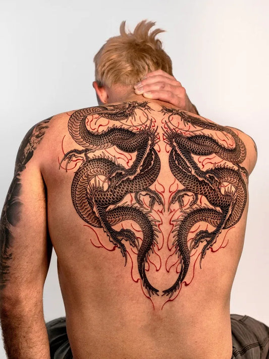 Big Japanese Dual Dragons on Men Back Tattoo by @saseultattoo