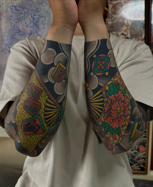 Big Japanese FanPeonyFan on Men Arms Tattoo by @horitaka_tattoo