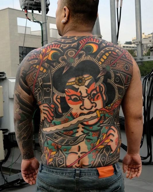 Big Japanese Fierce Warrior with Sword and Feathers on Men Back Tattoo by @uno_own