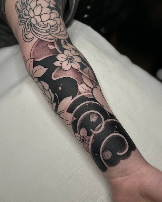 Big Japanese Flowers and Waves on Men Arm Tattoo by @pip.fox.tattoos