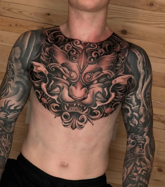 Big Japanese Foo Dog on Men Chest Tattoo by @arya_angelinkbali