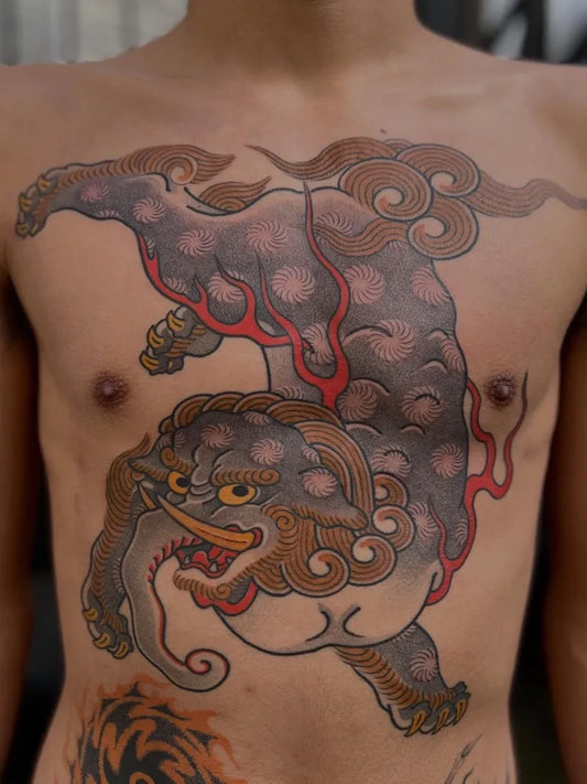 Big Japanese Foo Dog on Men Chest Tattoo by @hide_ichibay