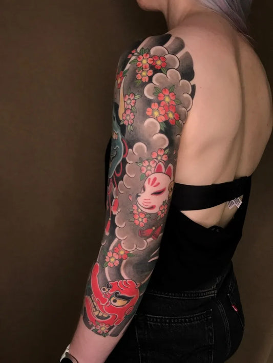 Big Japanese Fox Mask Lotus Flowers Dragon on Women Arm Tattoo by @nataliagiavedoni