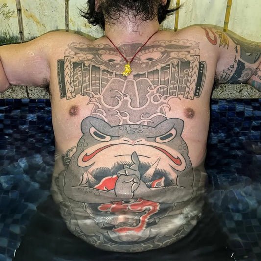 Big Japanese Frog Temple Gate Carp on Men Back Tattoo by @sentaro13