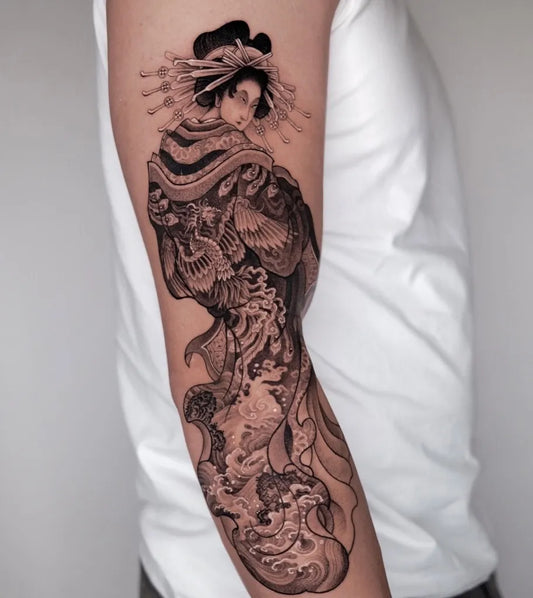 Big Japanese Geisha with Dragon and Waves on Men Arm Tattoo by @ssamu_ttt