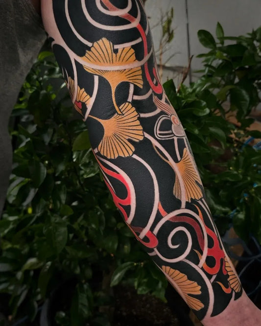 Big Japanese Ginkgo Leaves and Waves on Men Arm Tattoo by @cody.tattoo