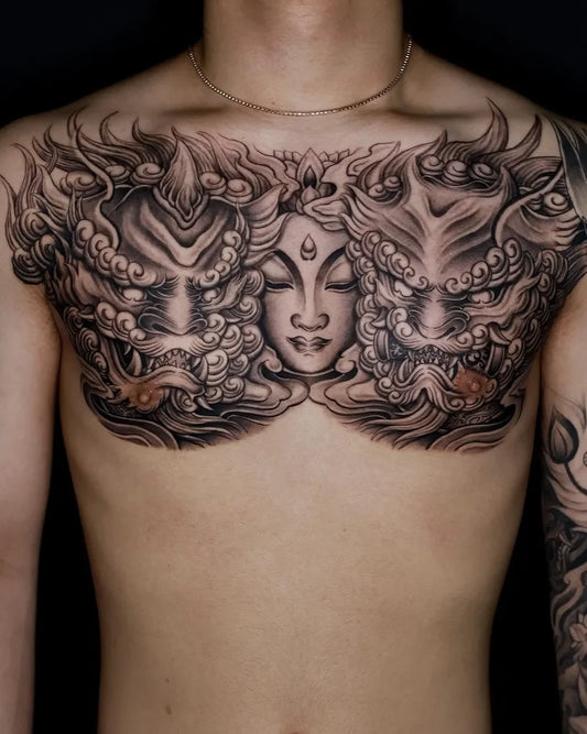 Big Japanese Guardian Lions and Woman on Men Chest Tattoo by @kb_blkbtattoos