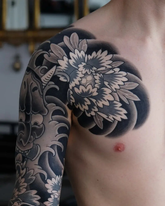 Big Japanese Hannya Dragon Peony on Men Shoulder Tattoo by @ubik_tattoo