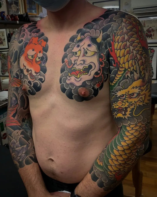 Big Japanese Hannya Mask Carp Koi Dragon on Men Chest and Arms Tattoo by @blackwidow