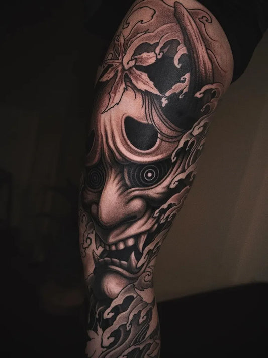 Big Japanese Hannya Mask Lotus Flower Waves on Women Thigh Tattoo by @blxcoxttt
