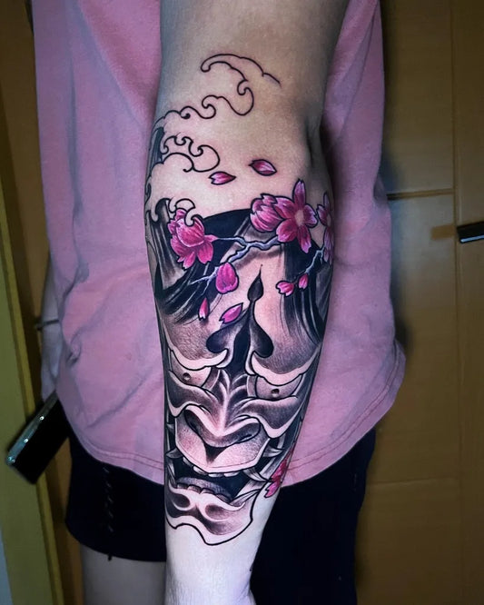 Big Japanese Hannya Mask and Cherry Blossoms Tattoo on Women Arm by @thebossink.tattoo