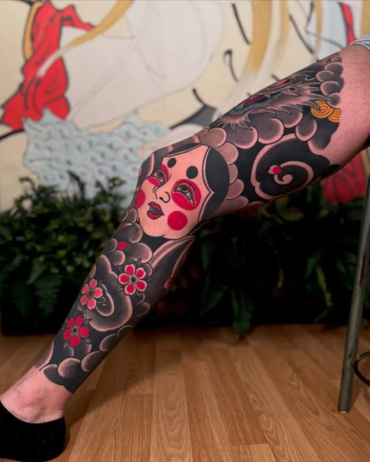 Big Japanese Hannya Mask and Dragon on Men Leg Tattoo by @mackotattooshops