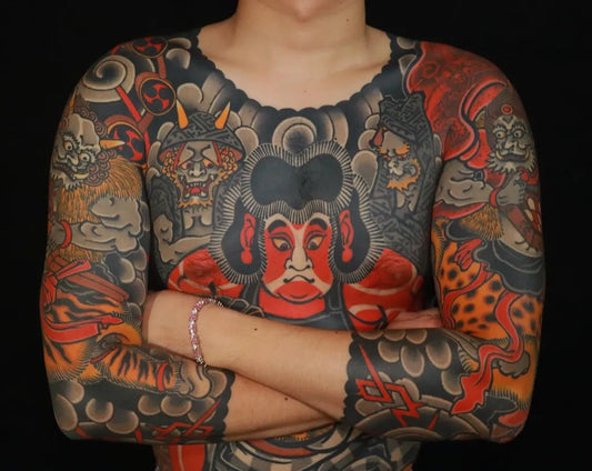 Big Japanese Hannya Mask and Oni on Women Torso Tattoo by @_phungnghi_