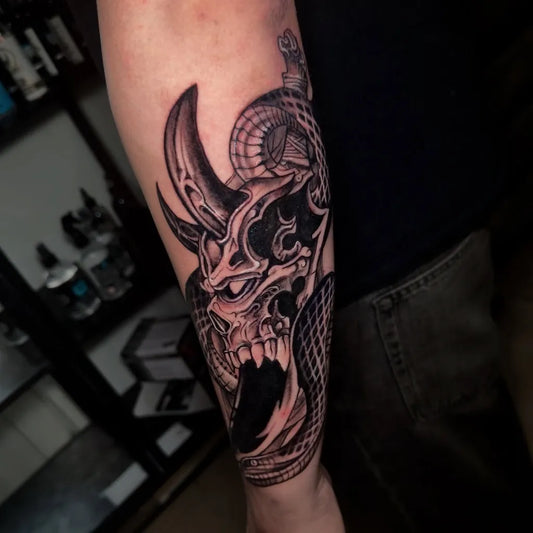 Big Japanese Hannya Mask and Snake on Men Arm Tattoo by @theravi.ink